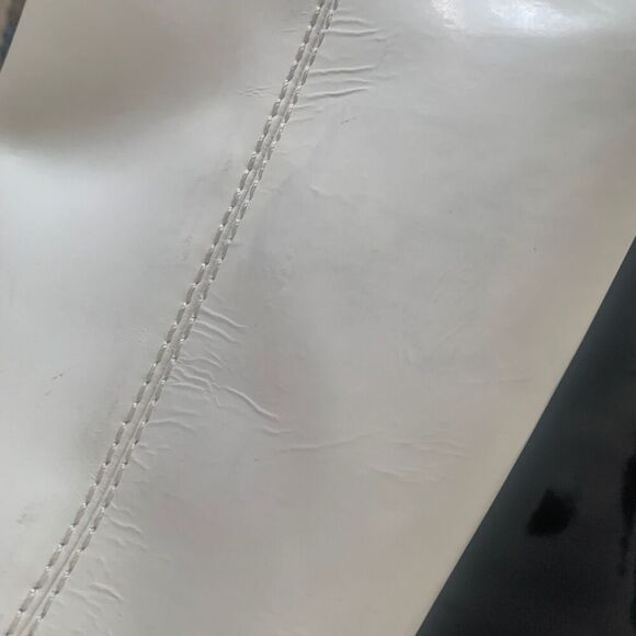 Lands End Patent Leather Mod Tote Bag Black w/White Snap Close Top Cotton Lining - Picture 16 of 16